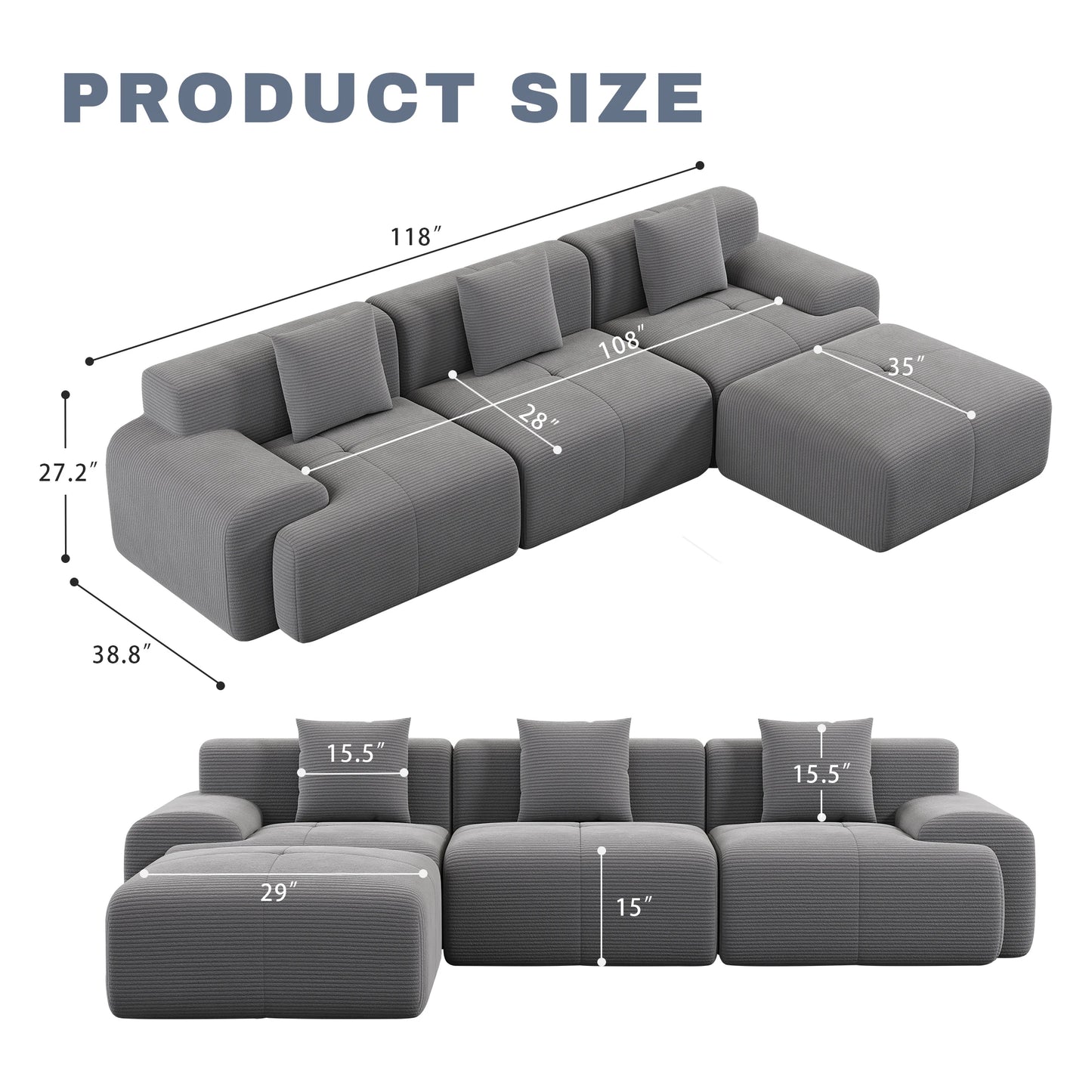 Modern Modular Corduroy Sectional Sofa Set With Ottoman For Living Room