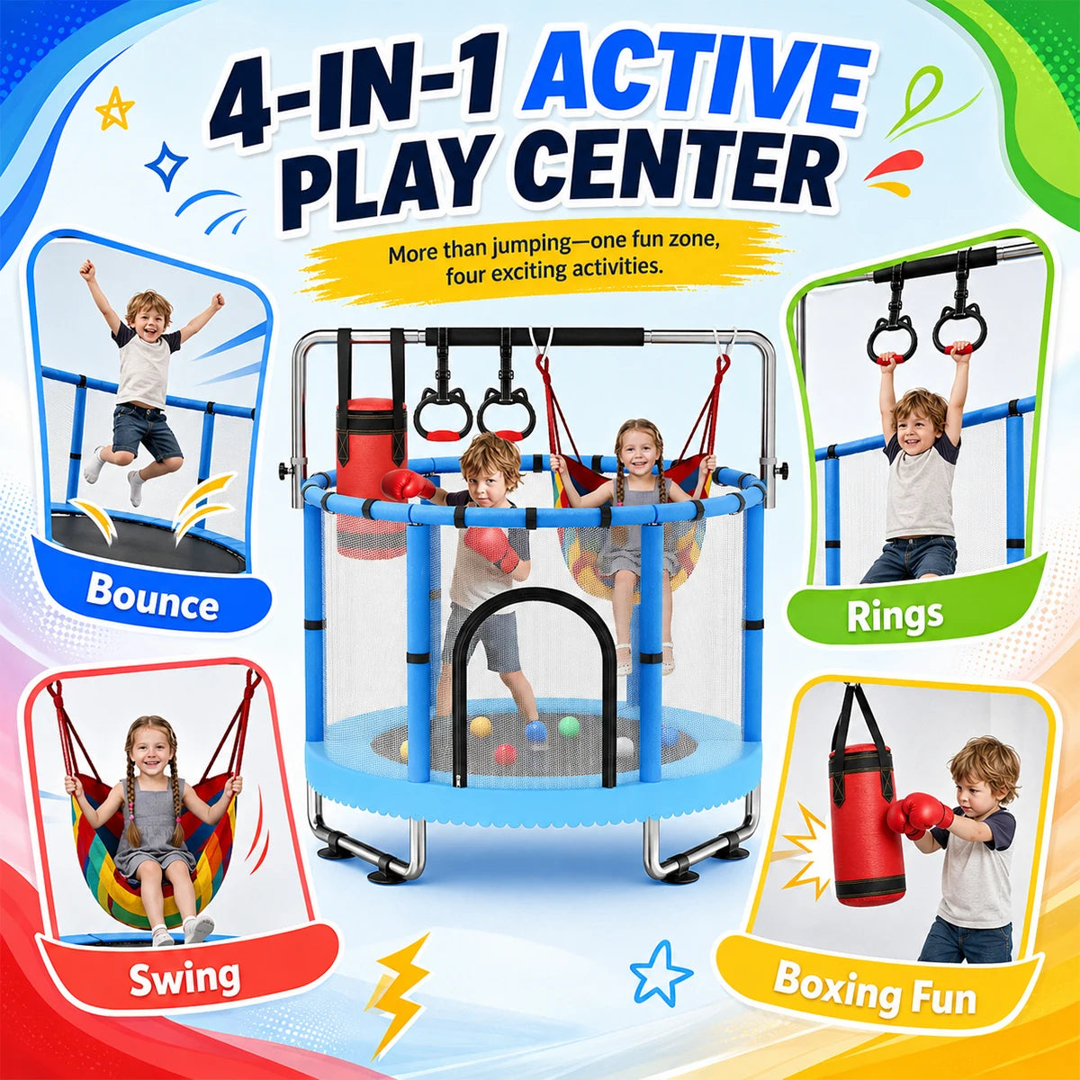 Multifunctional Kids Indoor Trampoline With Safety Net And Accessories