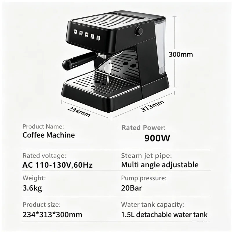 20 Bar Pressure Espresso Coffee Machine 20s Fast Heat Auto Extraction Milk Frother Home Barista Coffee Maker 1.5L Water Tank