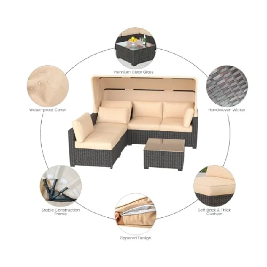 OLOEY Patio Furniture Set Wicker Sofa With Retractable Canopy
