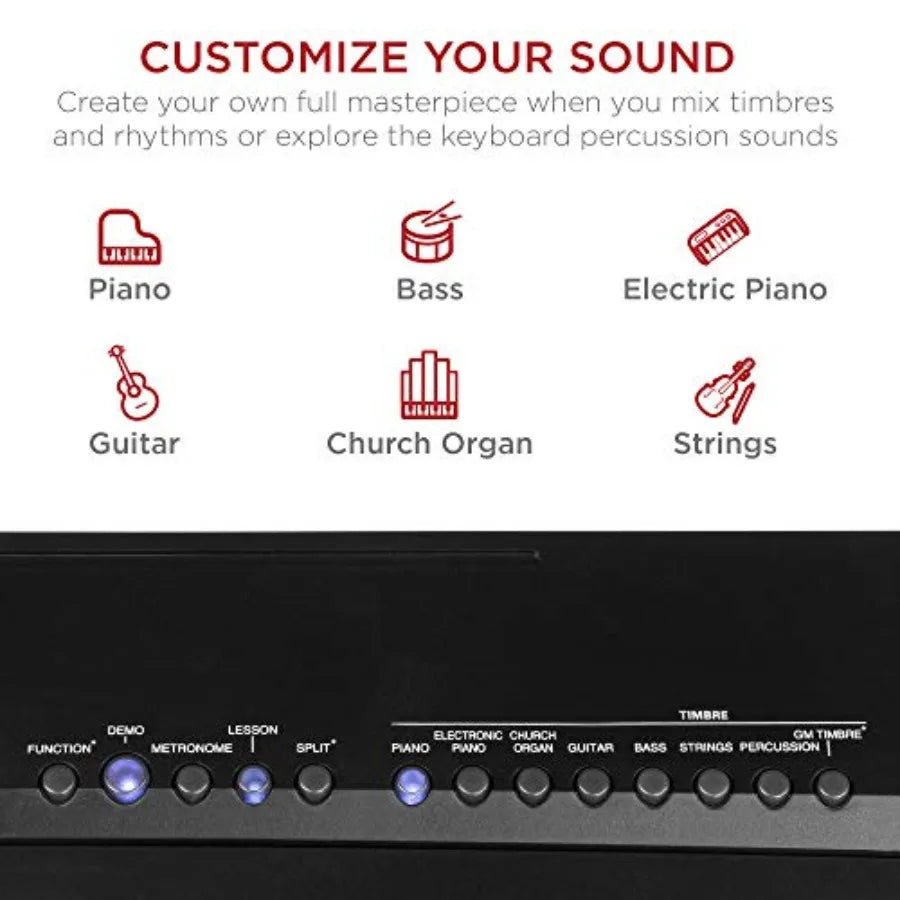 Digital piano for home practice and live performance: 88-key semi-weighted keyboard in black, with built-in speakers, 6 voice s