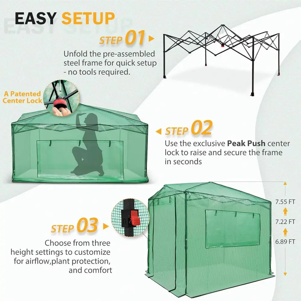 Walk In Greenhouse Kit Portable Garden With Zippered Doors And Windows PE Cover