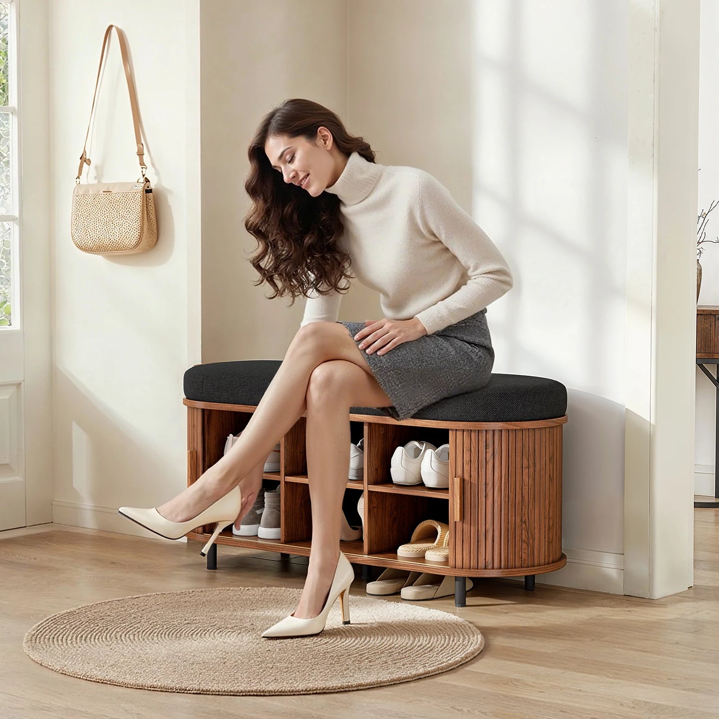 Shoe Storage Bench 3 Tier Organizer Cushion Sliding Door