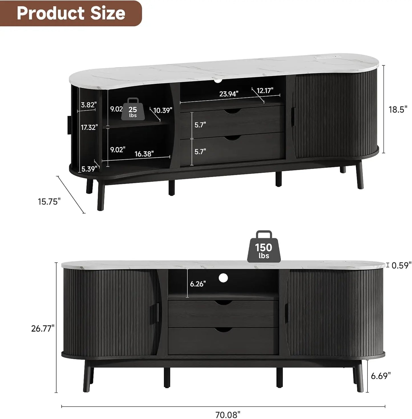 Onbrill 70 Inch Fluted Tv Stand Entertainment Center