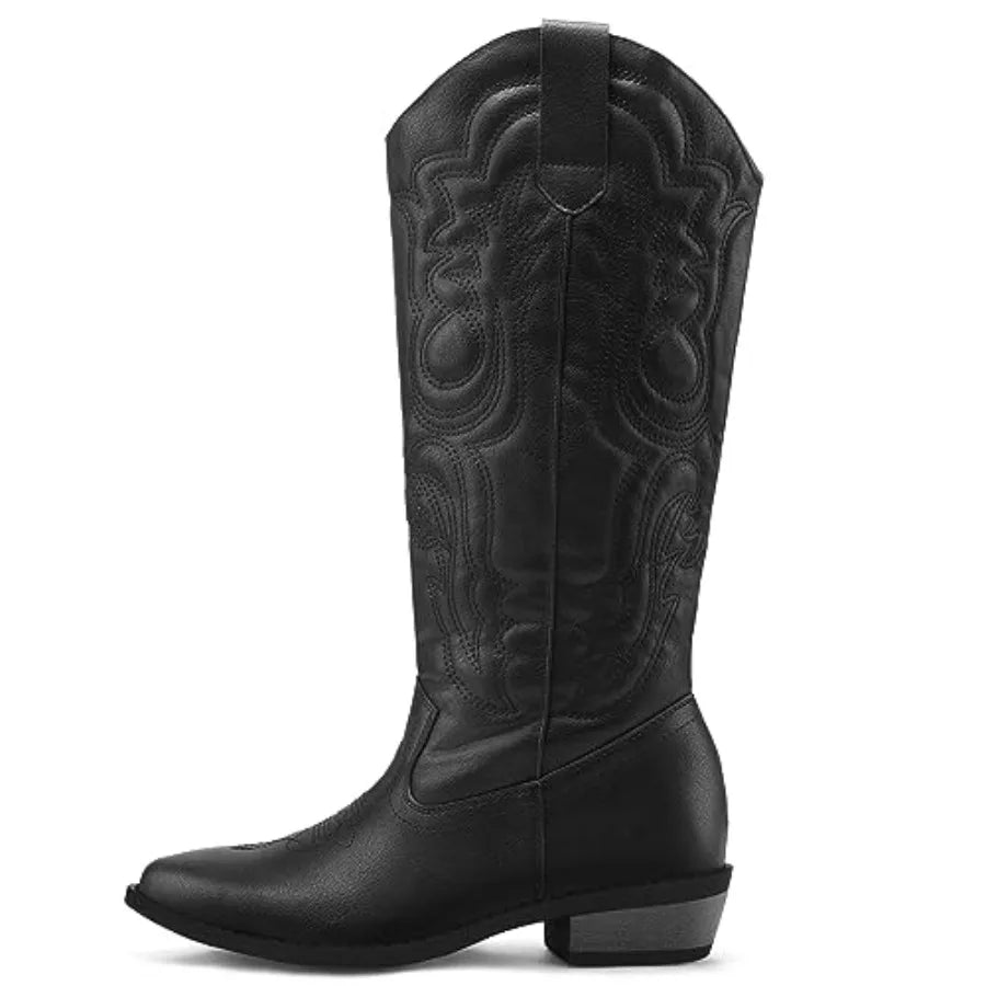 Women's Mid Calf Western Embroidered Cowboy Boots With Pull-On Pointed Toe