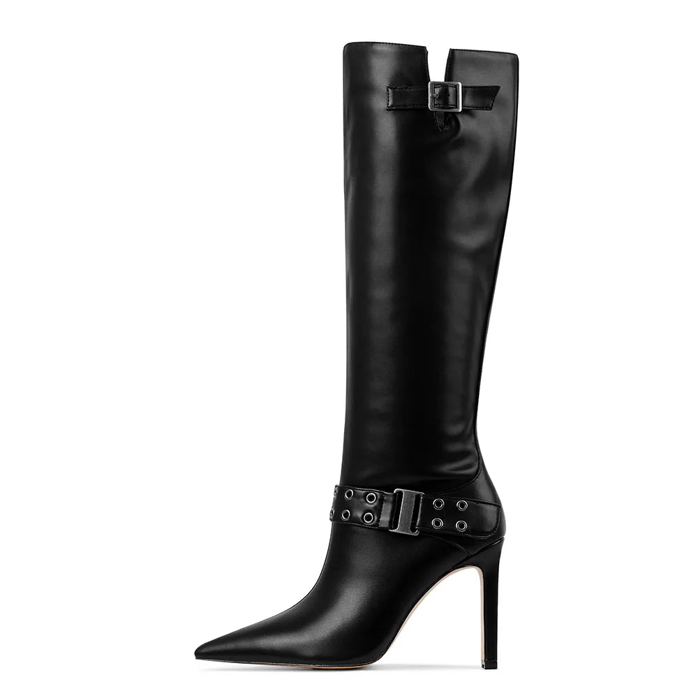 DoraTasia Pointed Toe High Heel Boots With Metal Decoration