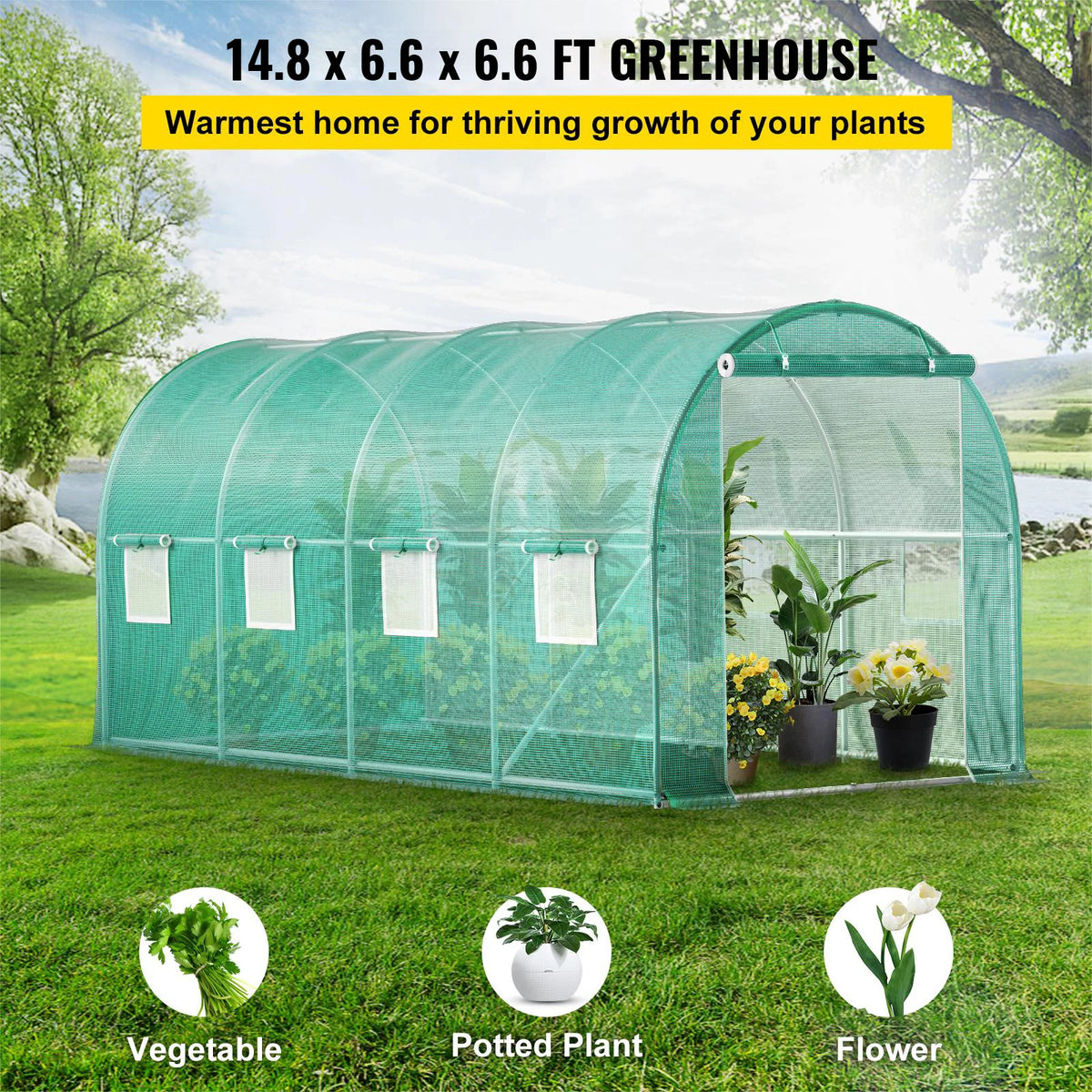 SucceBuy Walk-in Tunnel Greenhouse Galvanized Frame & Waterproof Cover 15x7x7/10x7x7/20x10x7/12x7x7 ft Greenhouses & Cold Frames