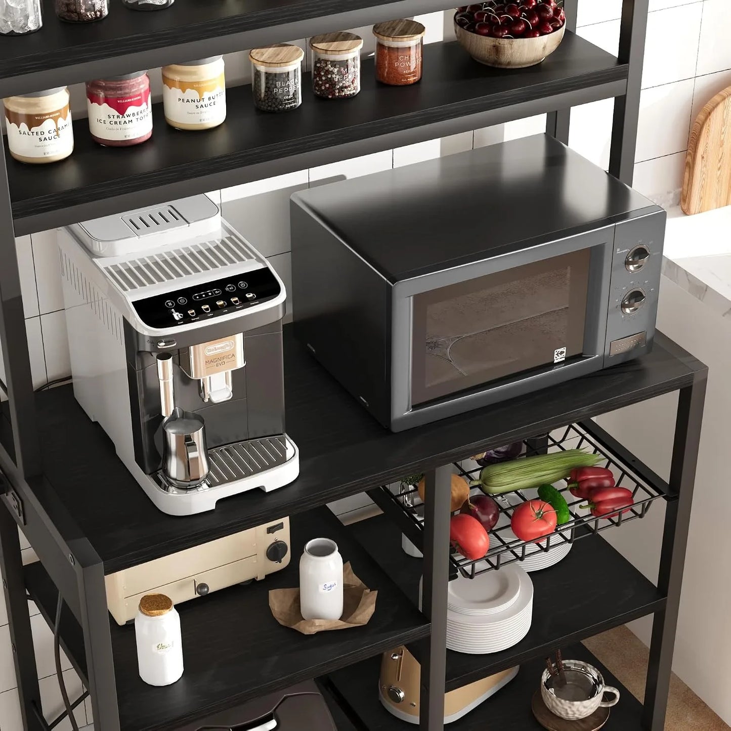 6 Tier Black Baker Rack with Power Outlet, Kitchen Microwave Stand Coffee Bar Station with Wire Drawer & Storage Basket, Large Freestanding Kitchen Organizer Shelf with MDF Board and Steel Frame for Cookware Spices Dining Roo