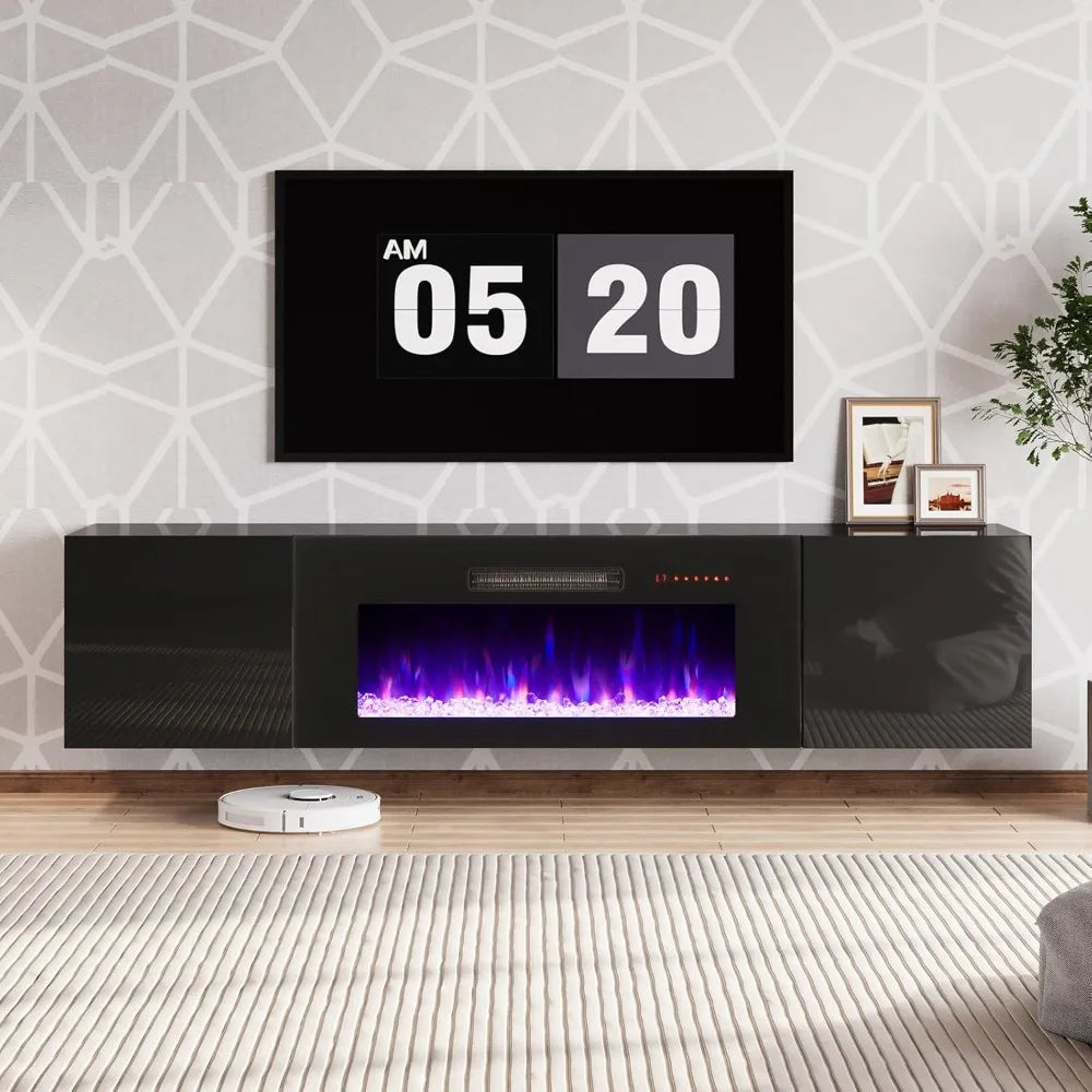 Floating Television Stand With Electric Fireplace Entertainment Center Storage