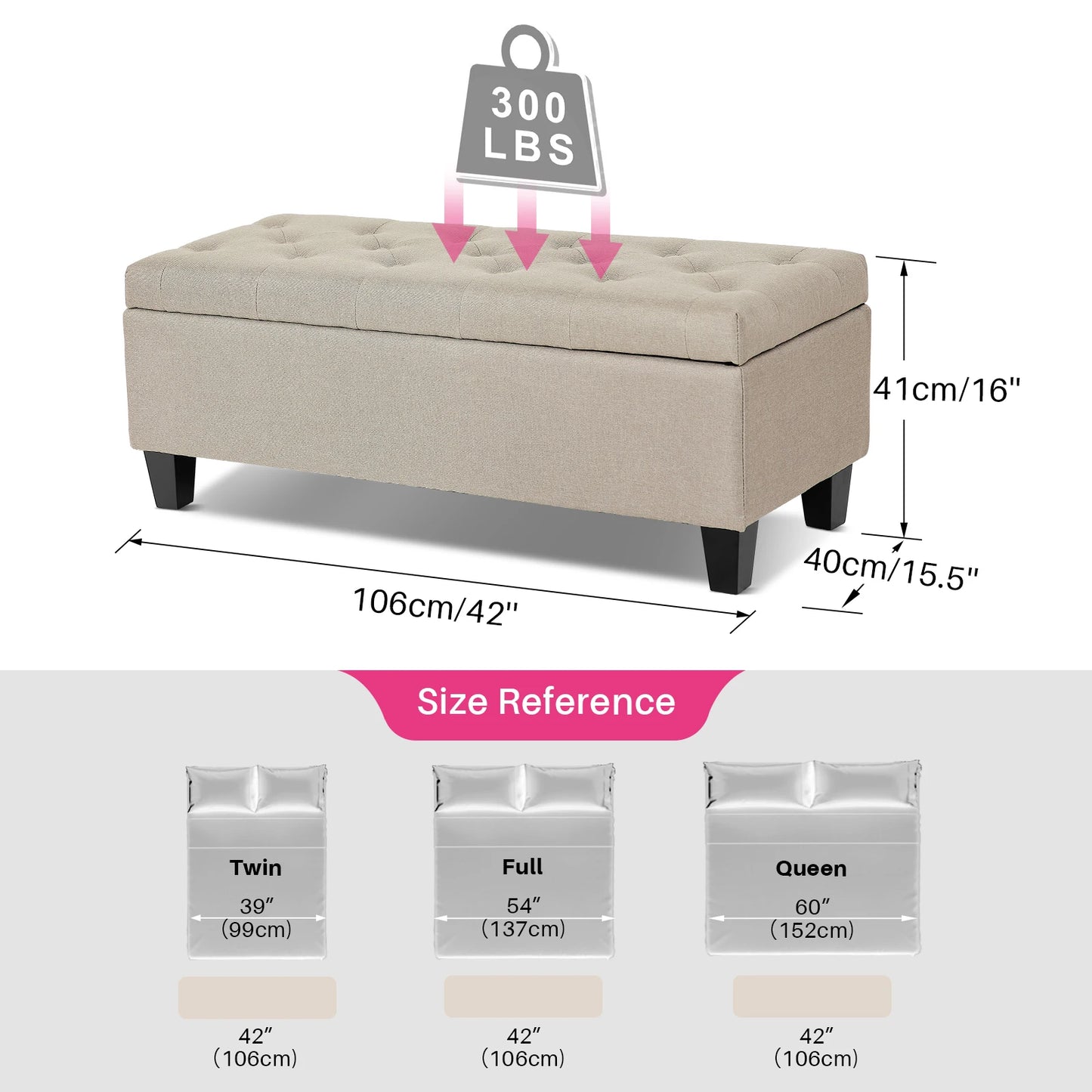 Redlife Storage Ottoman Bench With Tufted Lid And Safety Hinge