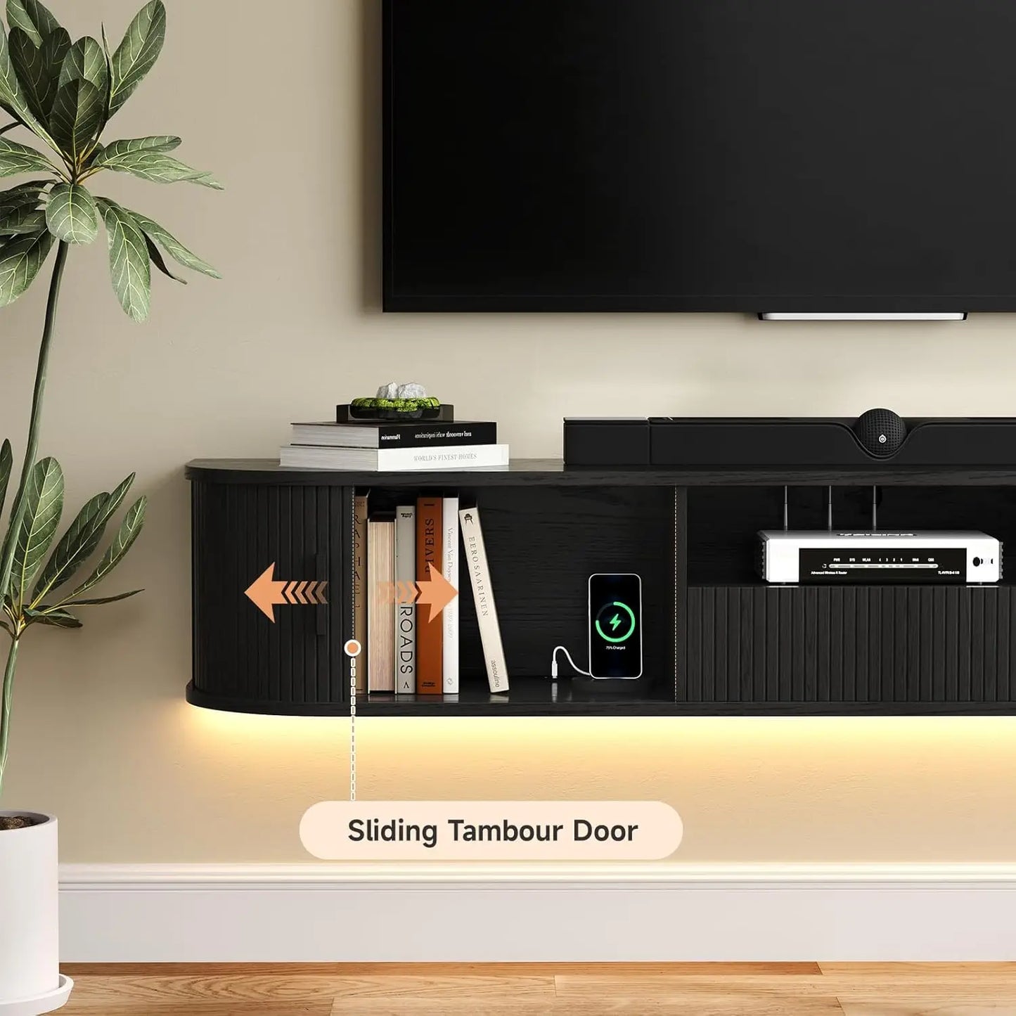 Onbrill 70 Inch Smart Floating TV Stand With Walnut Fluted Wood