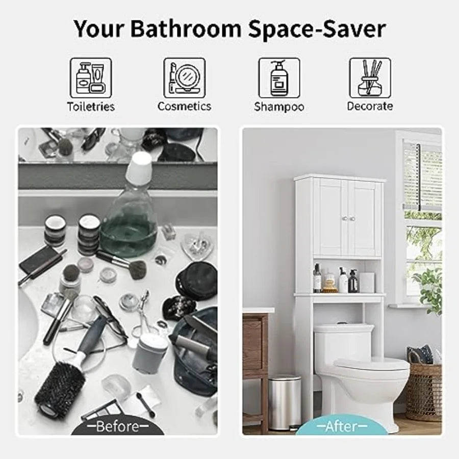 Over the Toilet Storage Cabinet, Bathroom Shelf Organizer with Anti-Tip Device Small Freestanding Space Saver with Adjustable S