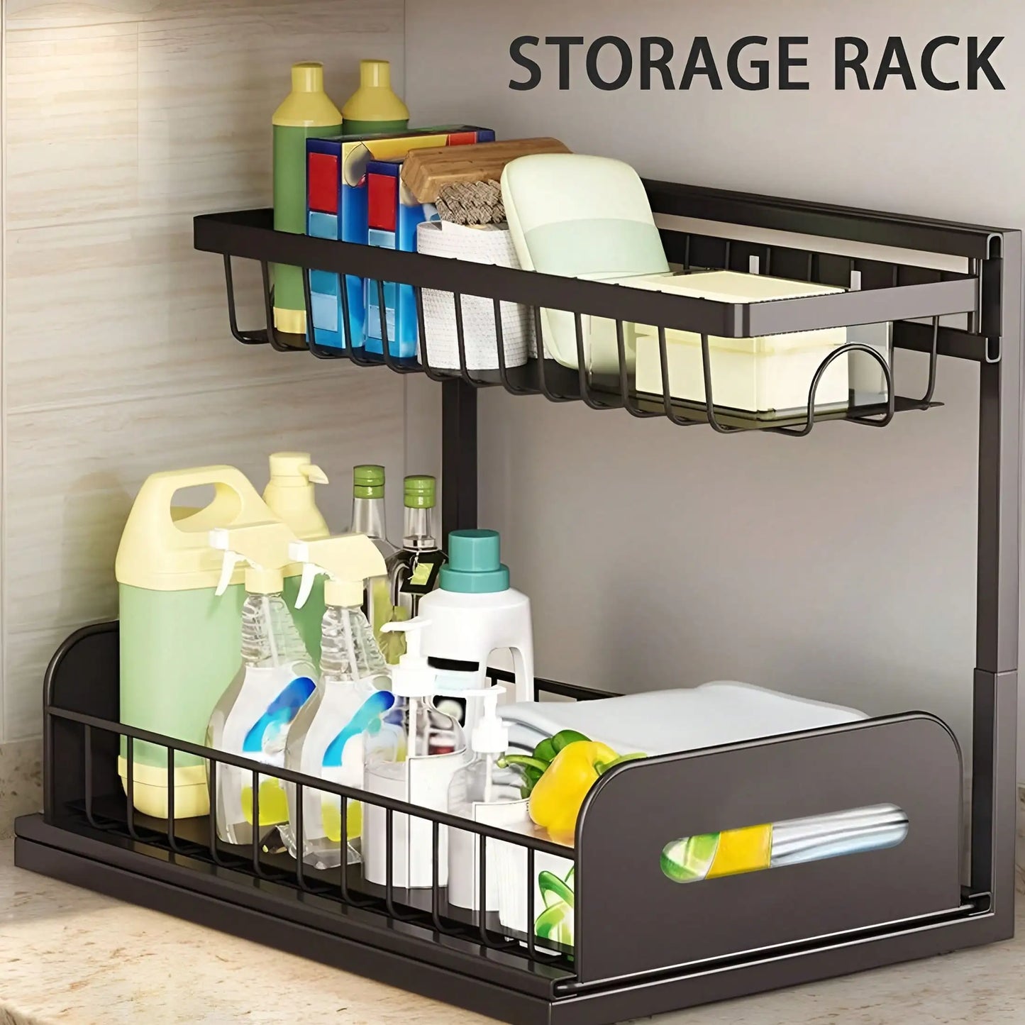 Under Sink Organizer Rack 2 Tier Under Sliding Cabinet Basket Organizer Drawer , Multi-Purpose Under Sink Storage For Bathroom Kitchen Desktop (Black)