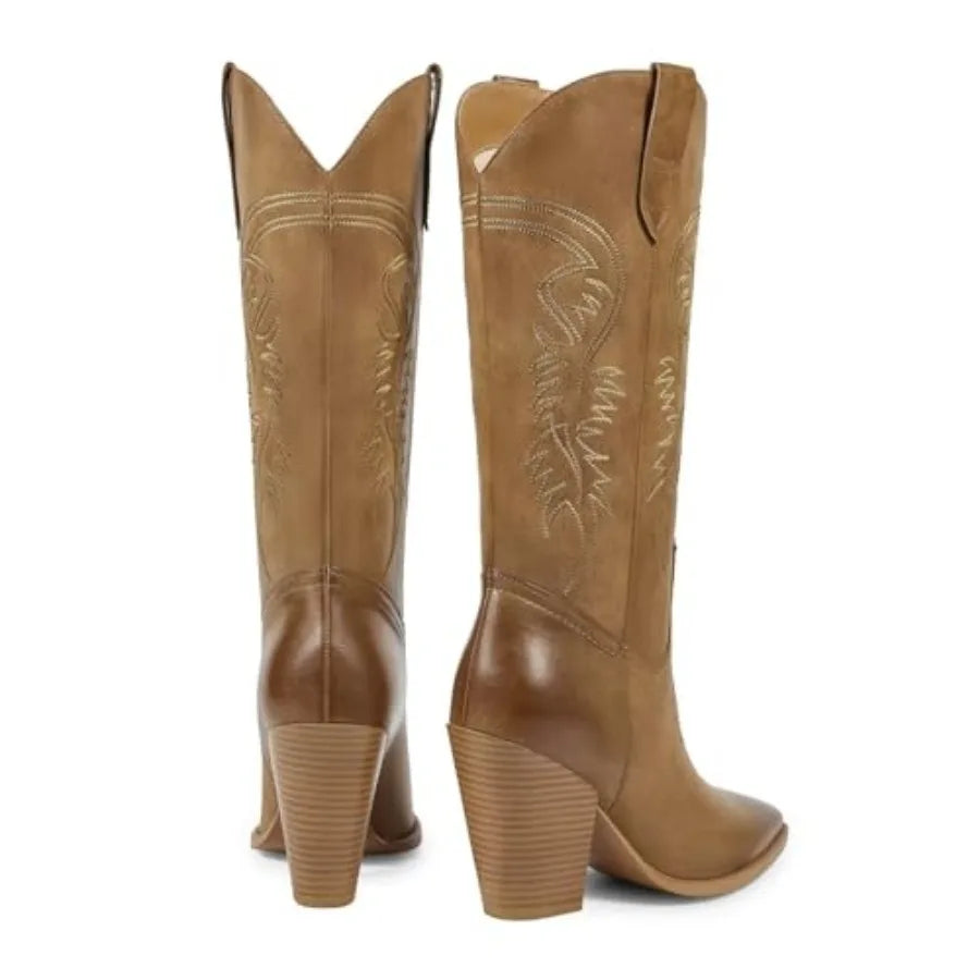 ISNOM Women's Pointed Toe Cowboy Boots Western Footwear