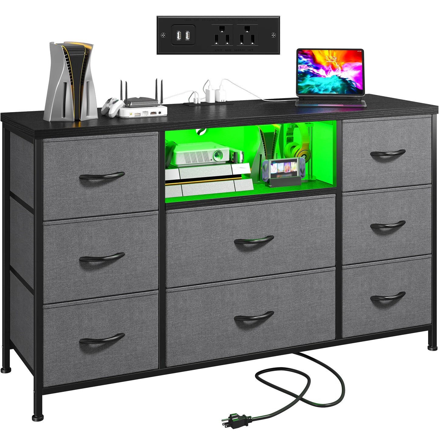 EnHomee 8-Drawer Media Dresser with LED Lighting & Built-in Charging Station - Fabric Storage Cabinet for 55" TVs, Ideal for Bedroom