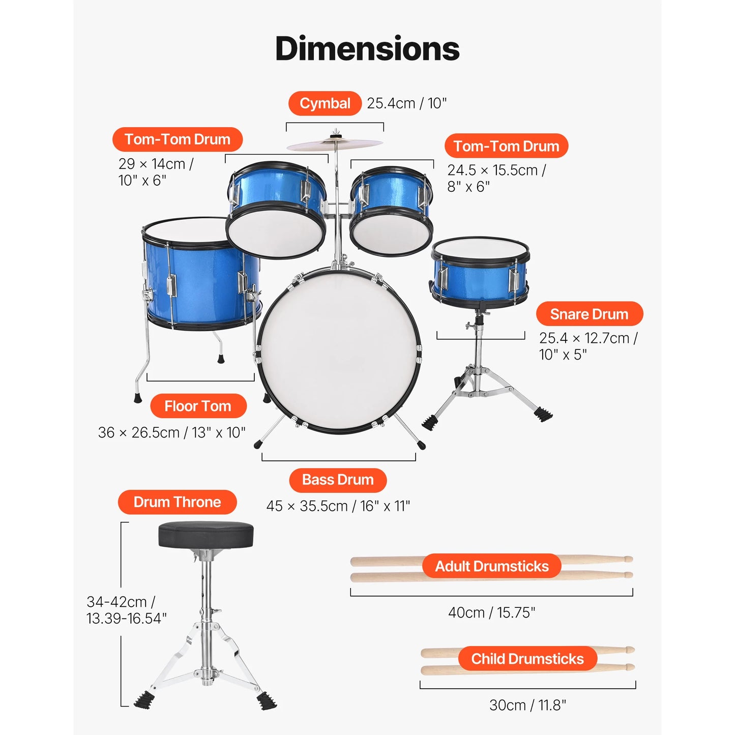 SucceBuy Kids Drum Set 5Pcs With Adjustable Throne And Sticks