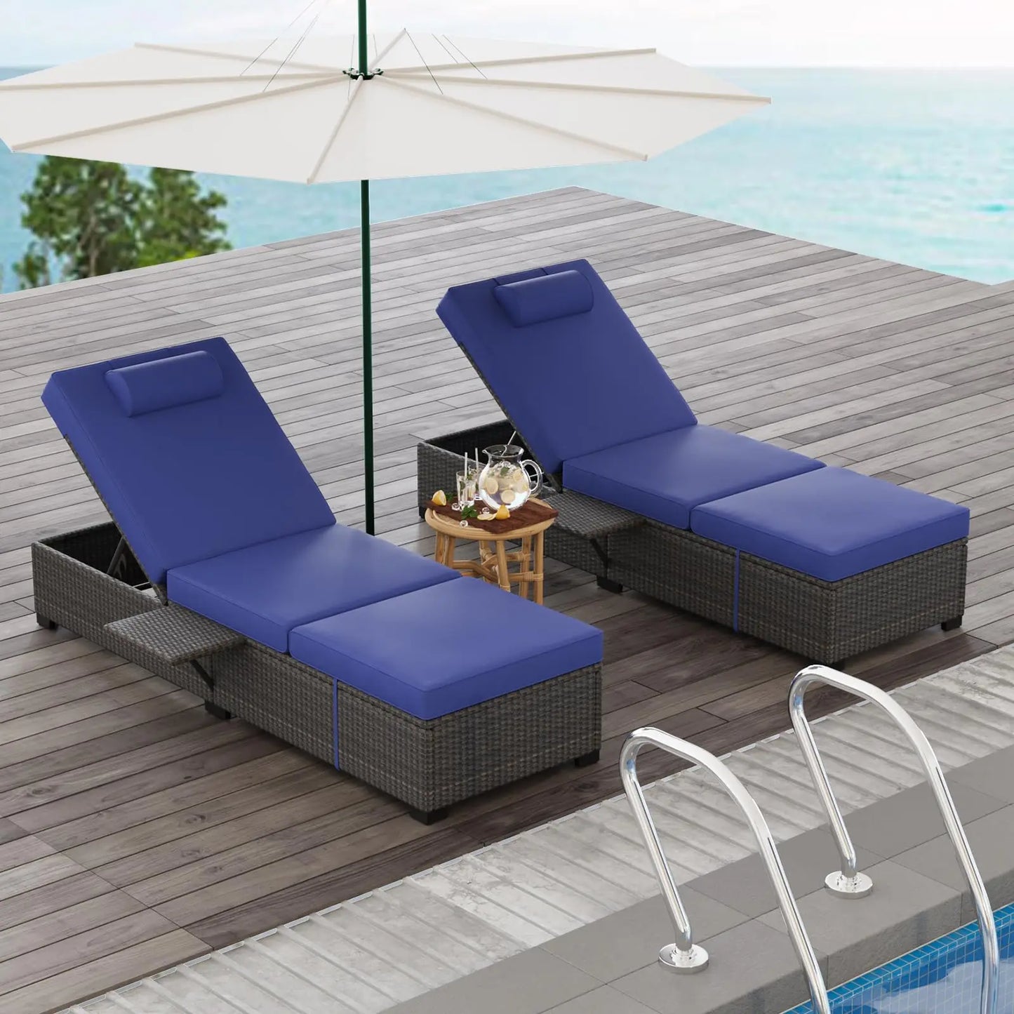 Outdoor Wicker Rattan Chaise Lounge Chairs Set Of 2 With Adjustable Back