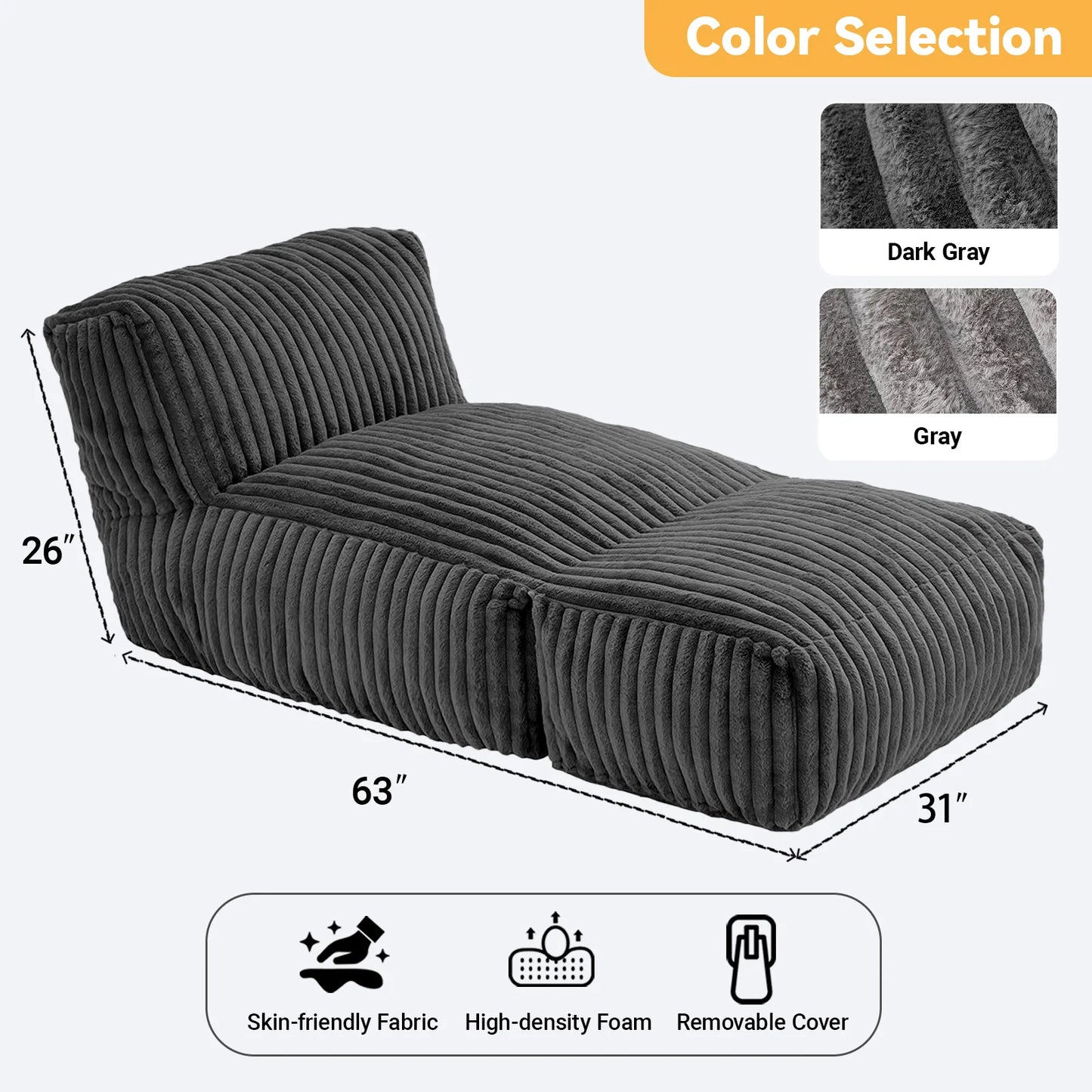 Bean Bag Chair With Corduroy Fabric And Lumbar Support Convertible