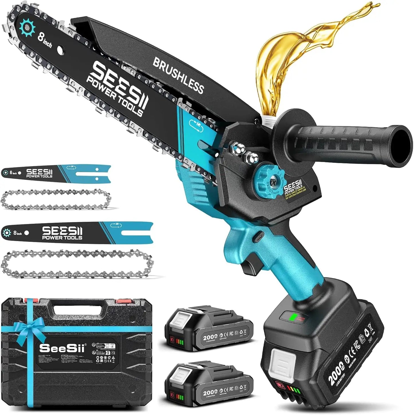 SEESII 8 Inch & 6 Inch 1000W Brushless Chainsaw Cordless Mini Chainsaw Electric Handheld Chain Saw for Tree Branch Wood Cutting Garden Tools Gift for Makita 18V battery Pin