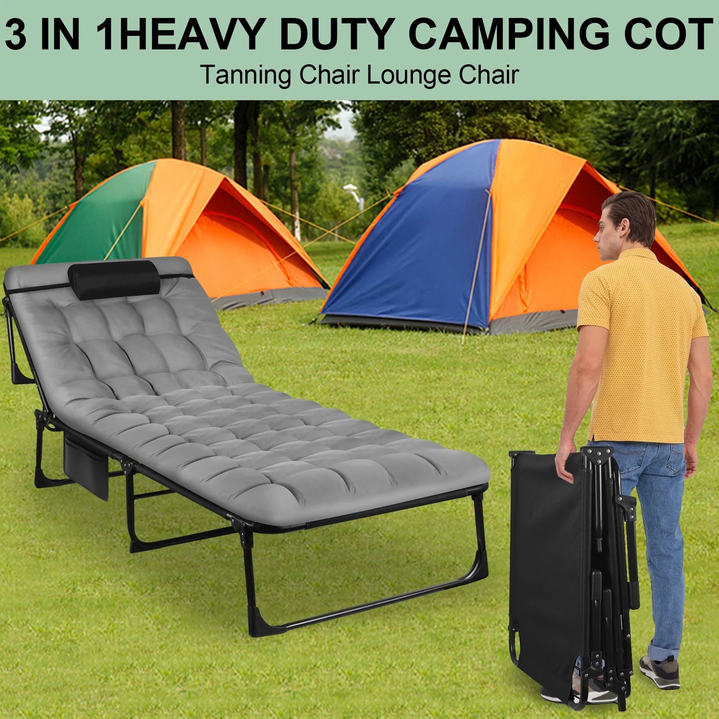 Portable Folding Camping Cot With 3-Position Adjustable Recliner Pillow