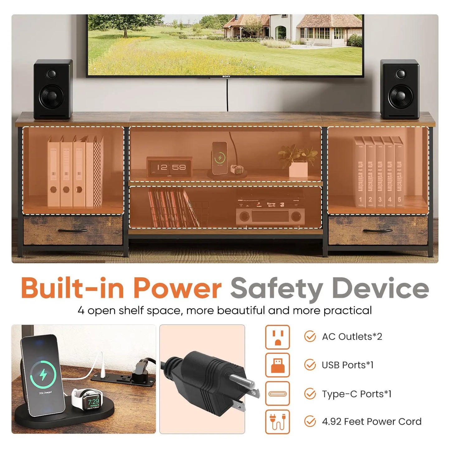 JHK Wooden TV Stand With Adjustable Shelves And Storage