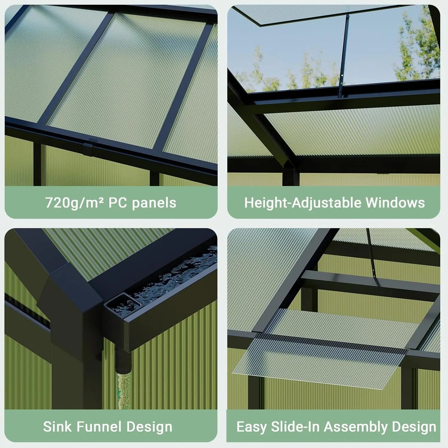Polycarbonate Walk-In Greenhouse With Sliding Door Roof Vent Aluminum Frame