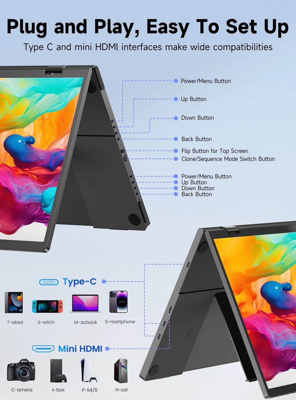 UPERFECT 15.6" Stacked Foldable Dual Monitor FHD 100% SRGB Laptop Screen Extender IPS HDR Travel Portable Monitor for Laptop PC Windows Mac OS Built-in Kickstand