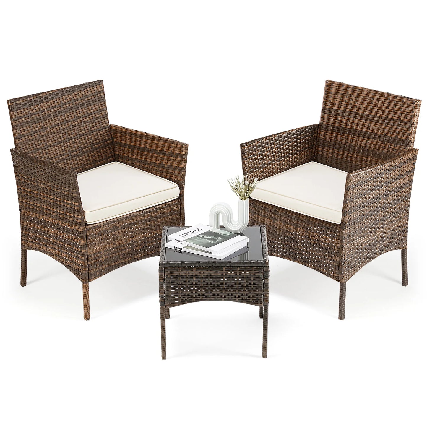 JHK 3 Piece Outdoor Rattan Patio Set With Cushioned Chairs