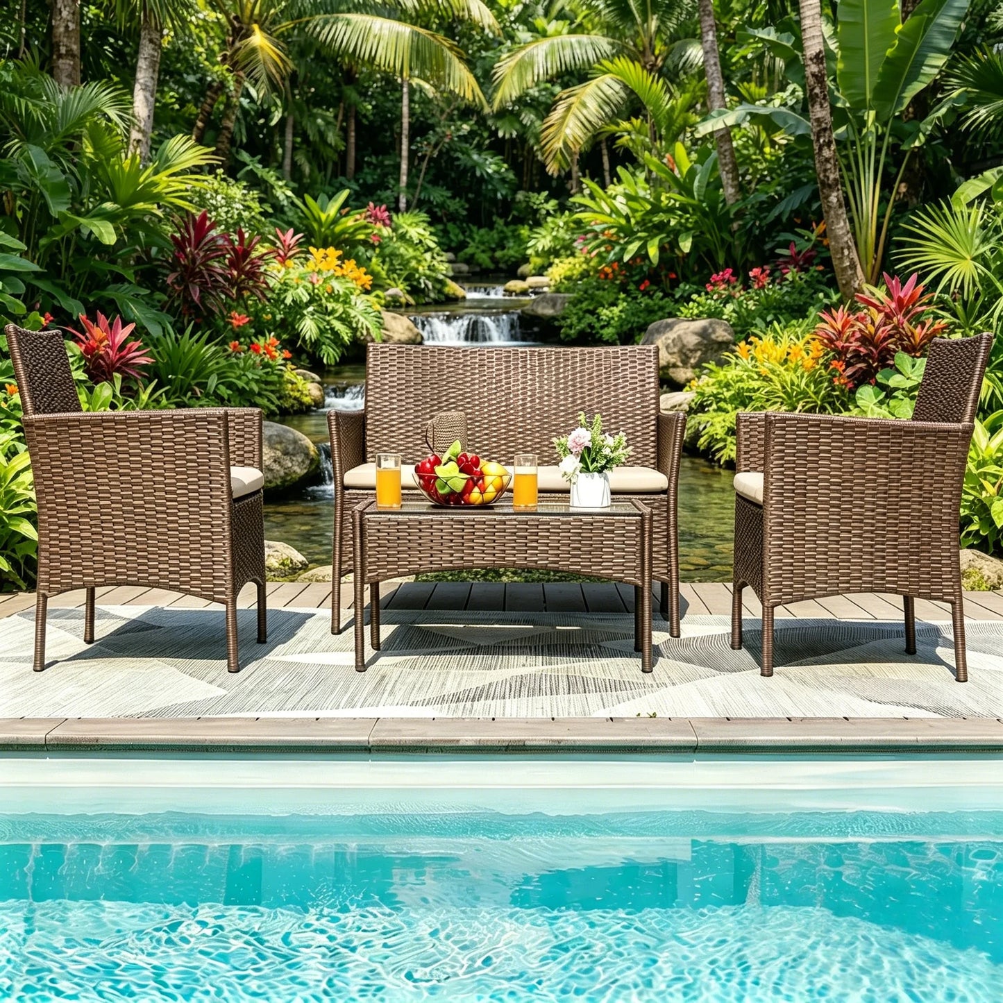 Outdoor Rattan Patio Furniture Set 4 Piece With Cushions And Glass Coffee Table