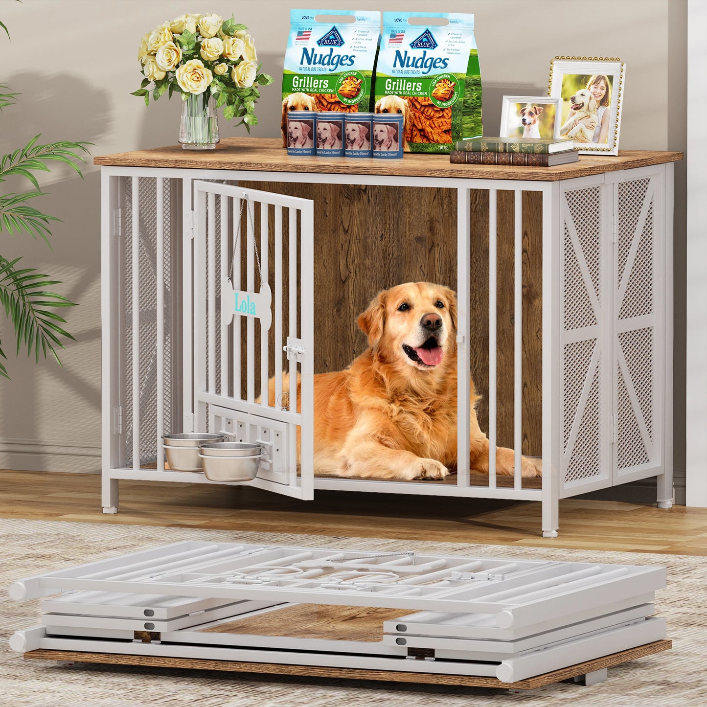 Foldable Wooden Dog Crate Kennel For Indoor Use With Bowls