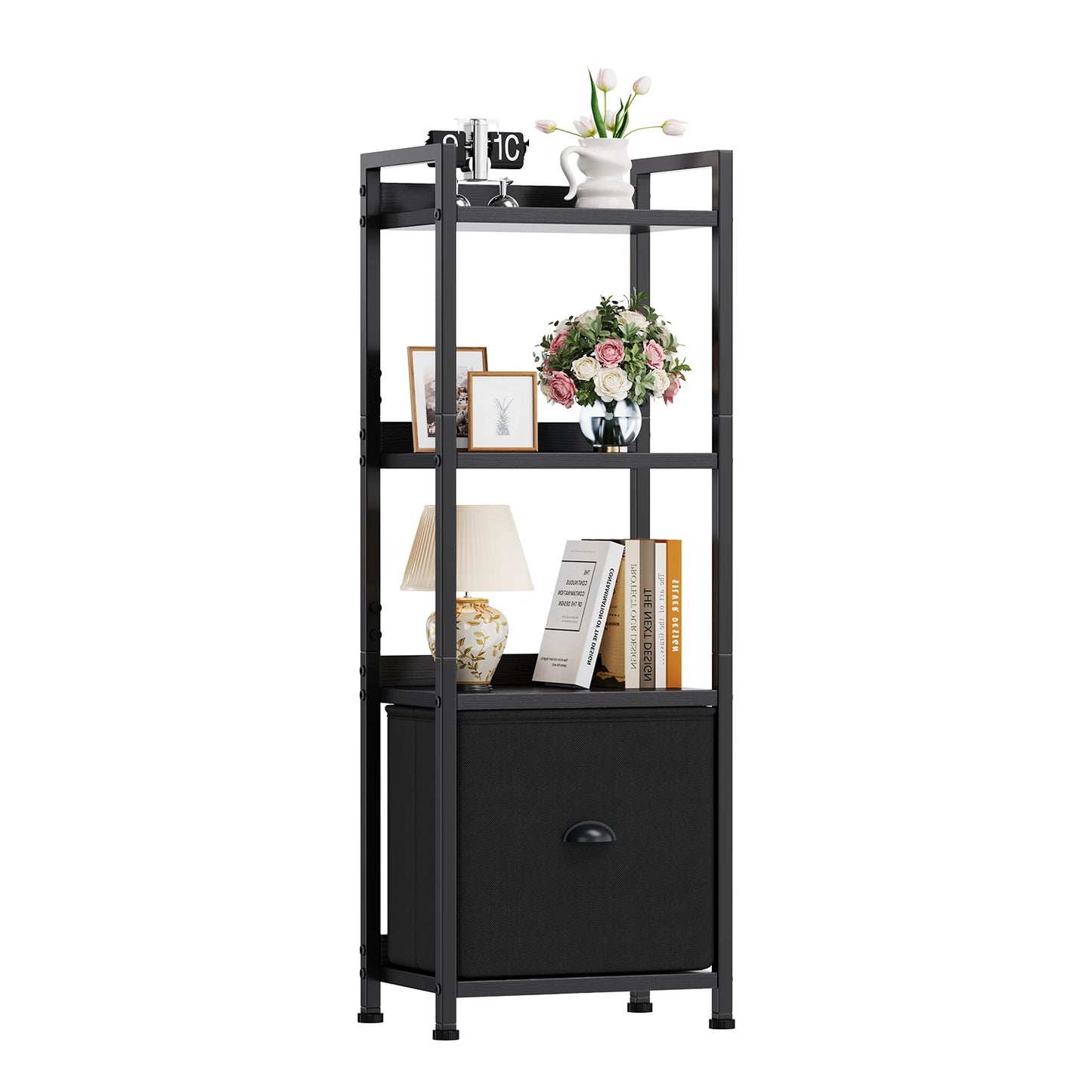 MCQ 5 Tier Metal And Wood Bookshelf With Fabric Drawers