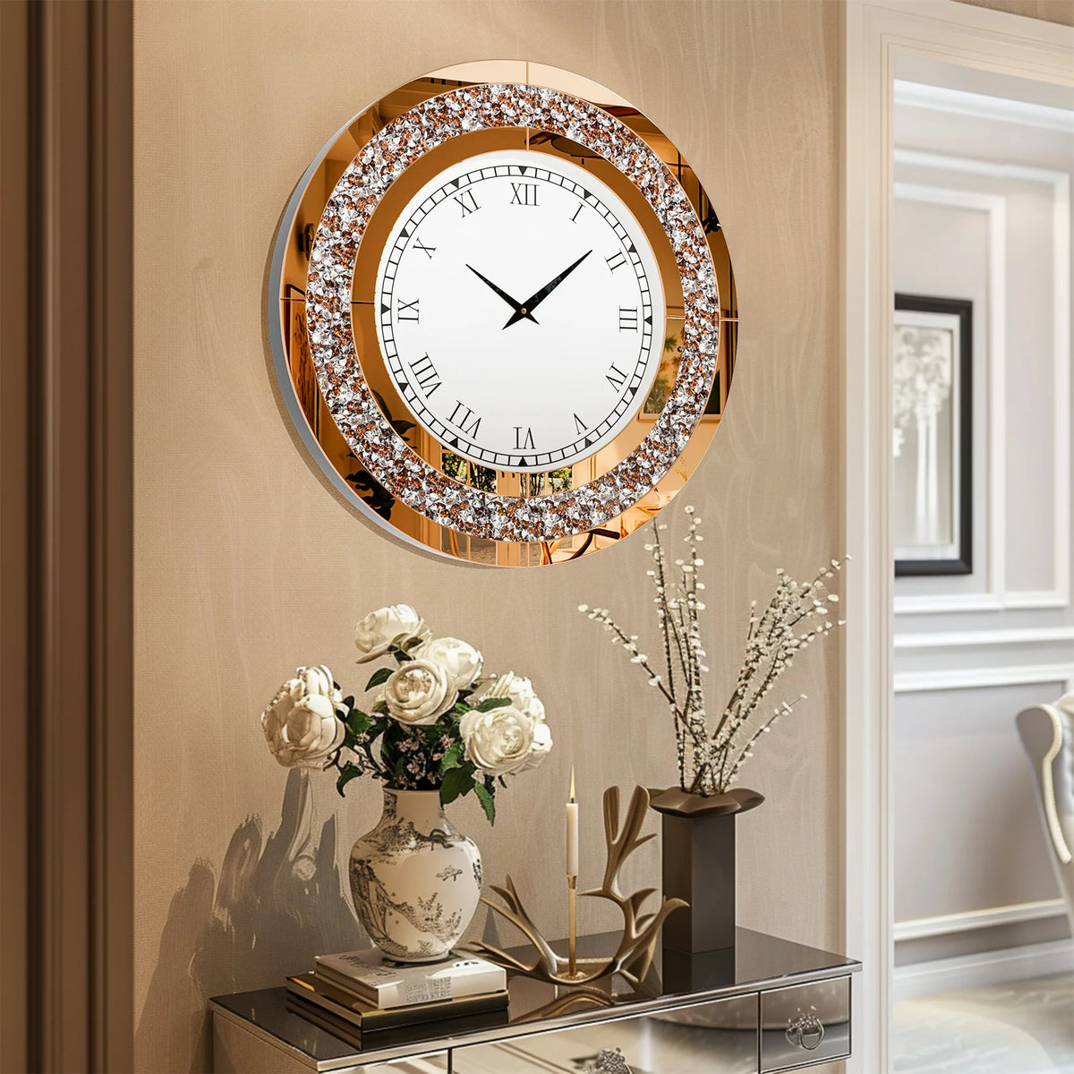 Elegant Crystal Trimmed Mirrored Wall Clock For Modern Spaces