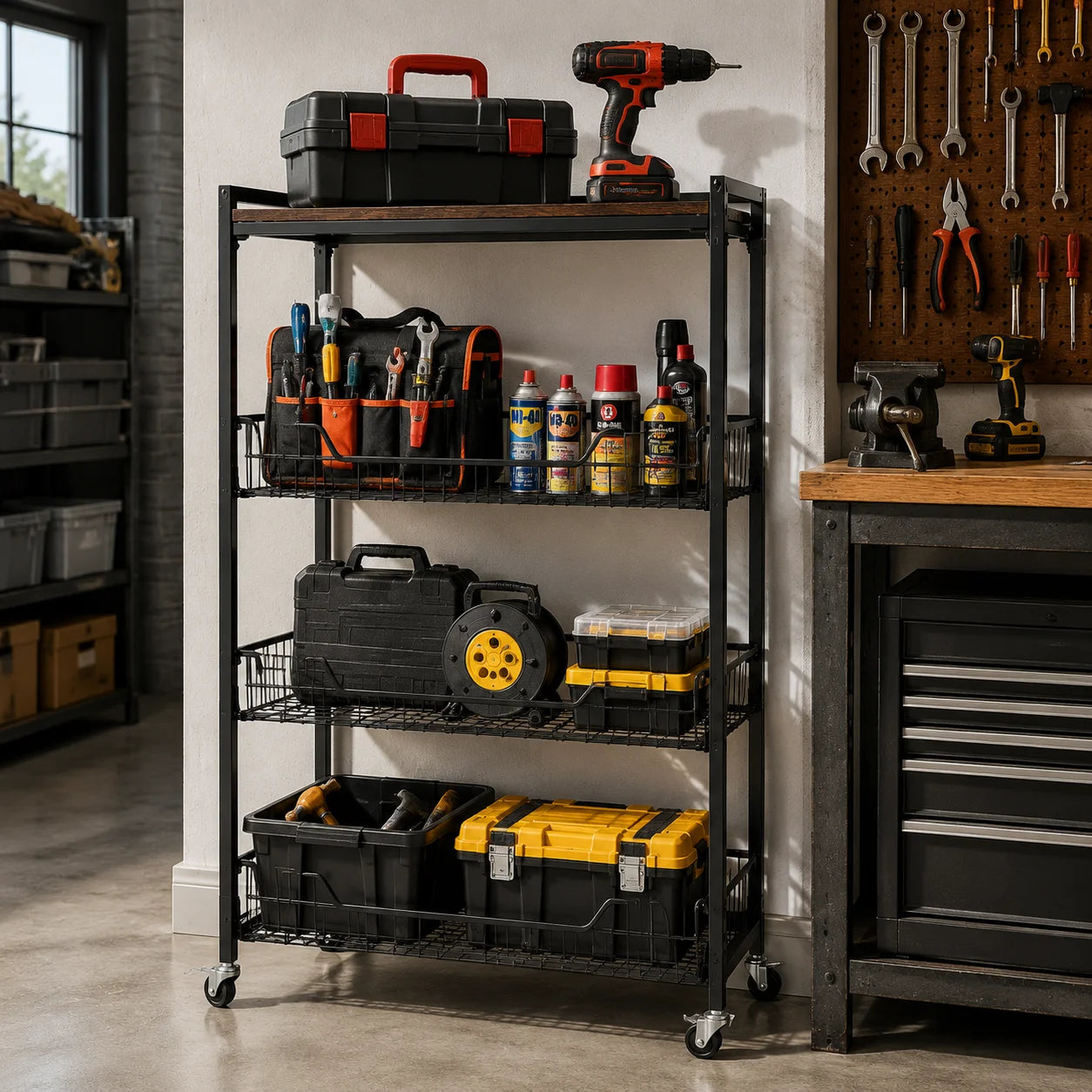 Large 4-Tier Foldable Storage Cart with Lockable Casters, 100 Lbs Capacity Expandable Kitchen Organizer, No Assembly Heavy Duty Garage Shelving Utility Rack, Black