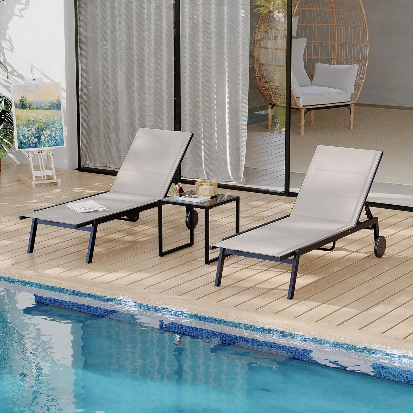 HiMISS 3 Piece Patio Chaise Set With Side Table And Wheels Outdoor