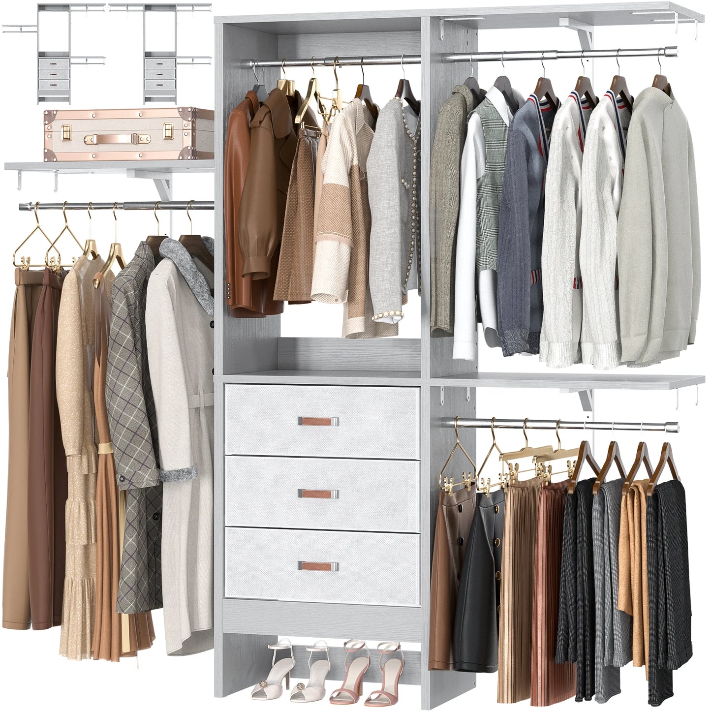 5FT Small Closet System with 3 Fabric Drawers, 60'' Walk In Closet Organizer System With 3 Adjustable Shelves