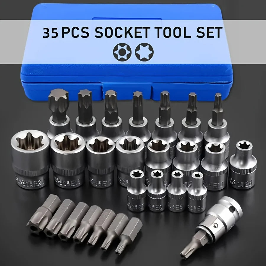 35-piece set of Torx and E-Torx screwdriver bits, compatible with 1/4-inch, 3/8-inch, and 1/2-inch drivers, including male and female E-Torx security screwdriver bits, designed for handheld use
