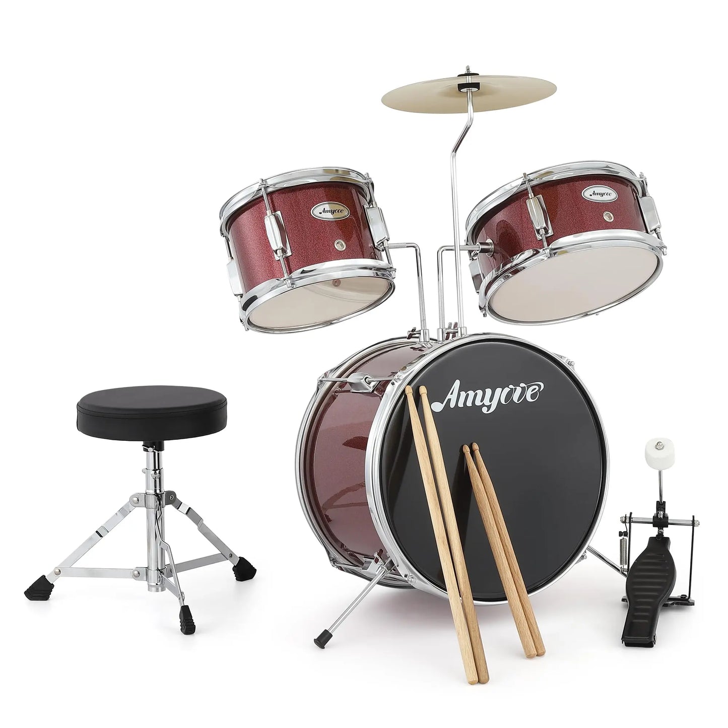 Drum Set for Children, 3 Drum Acoustic Drum Set, Wood and Metal Structure, Black Finish, for Beginners, Rhythm Training and Home