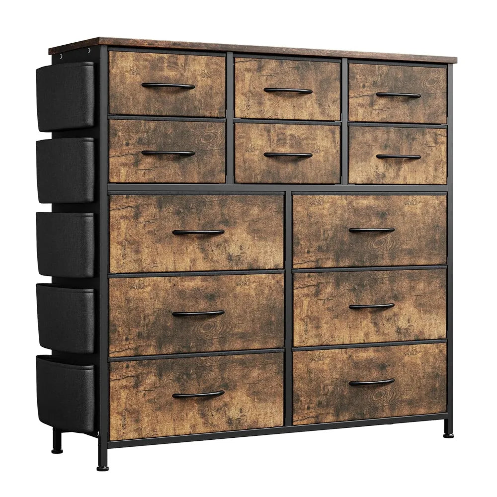 12 Drawer Dresser for Bedroom Fabric Storage Chest with Wood Top Steel Frame Side Pockets Hooks Organizer Cabinet for Living Room Entryway Bathroom Rustic Brown