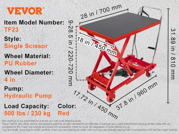SucceBuy Hydraulic Lift Table Cart With Manual Single Scissor Platform