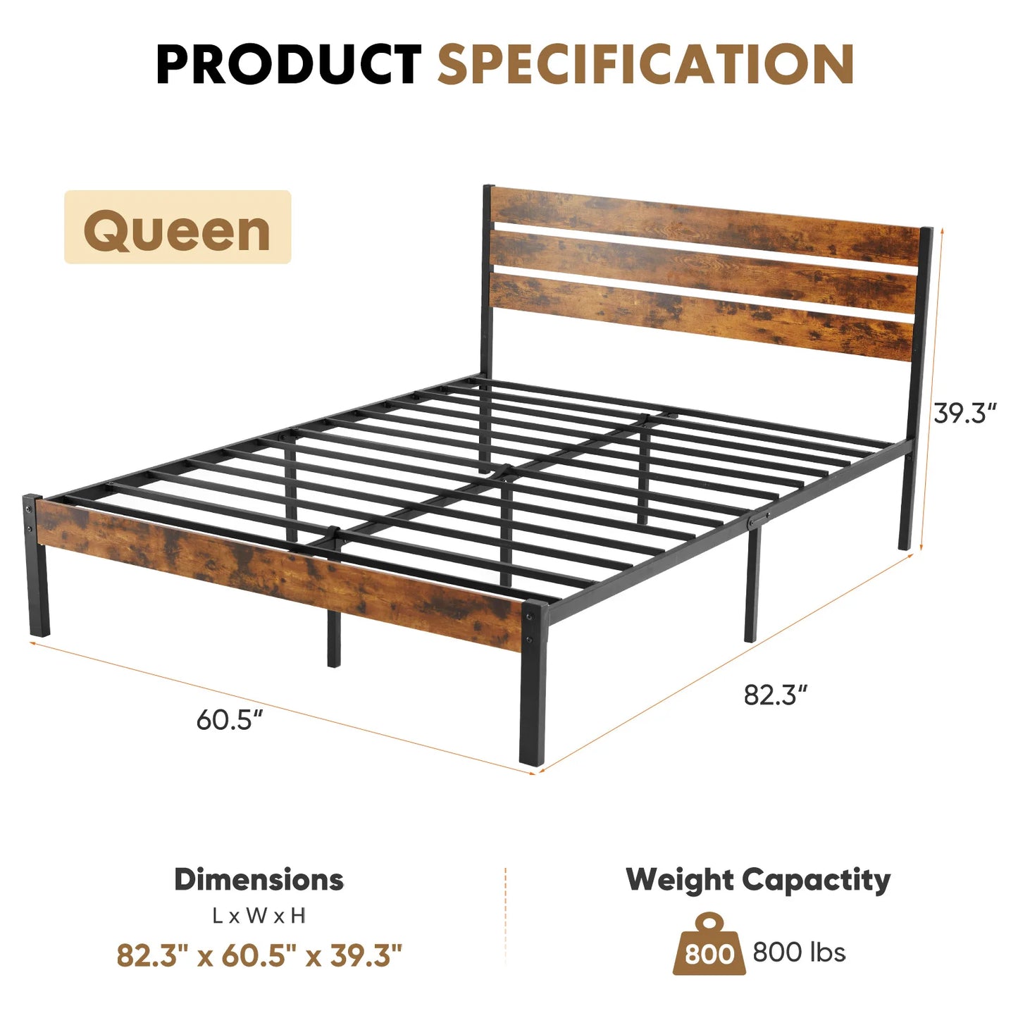 JHK Queen Metal Platform Bed Frame With Wood Slats
