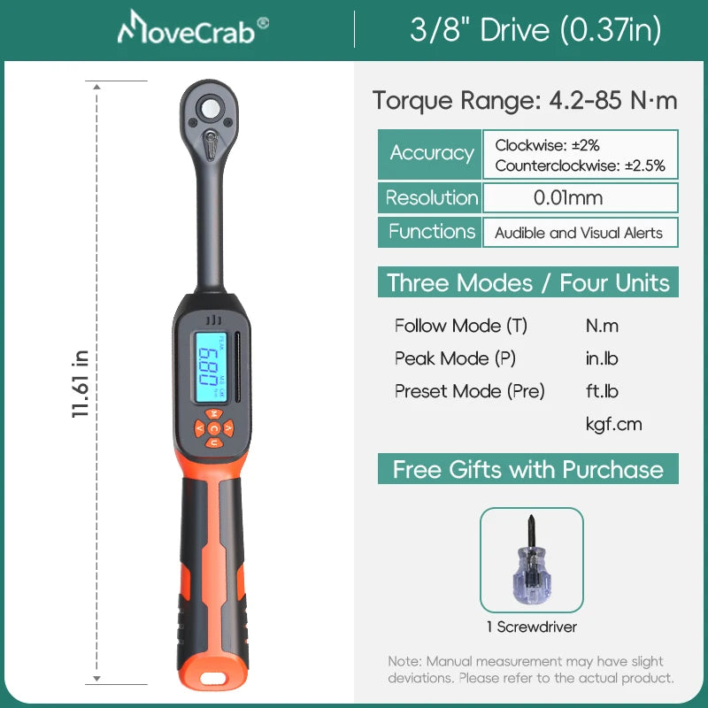 MOVECRAB 1/2 3/8-inch Drive Digital Torque Wrench 3-340N.m/2.2-250.8ft-lb Preset with LED/Buzzer Alerts for for Bike Motorcycles Automotive Mechanical