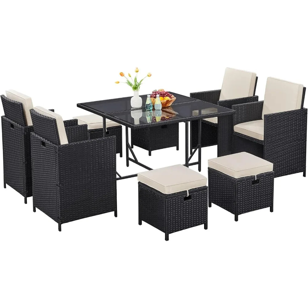 Outdoor Rattan Patio Dining Set With Glass Table And Ottomans