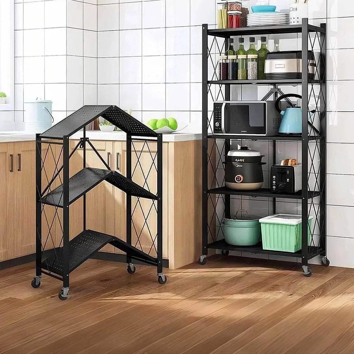 Heavy Duty 5-Tier Collapsible Metal Storage Rack with Wheels, 63x28x15in Rolling Shelf, No Assembly Kitchen Organizer, Freestanding Pantry Garage Microwave Stand, 600 LBS Capacity, Black