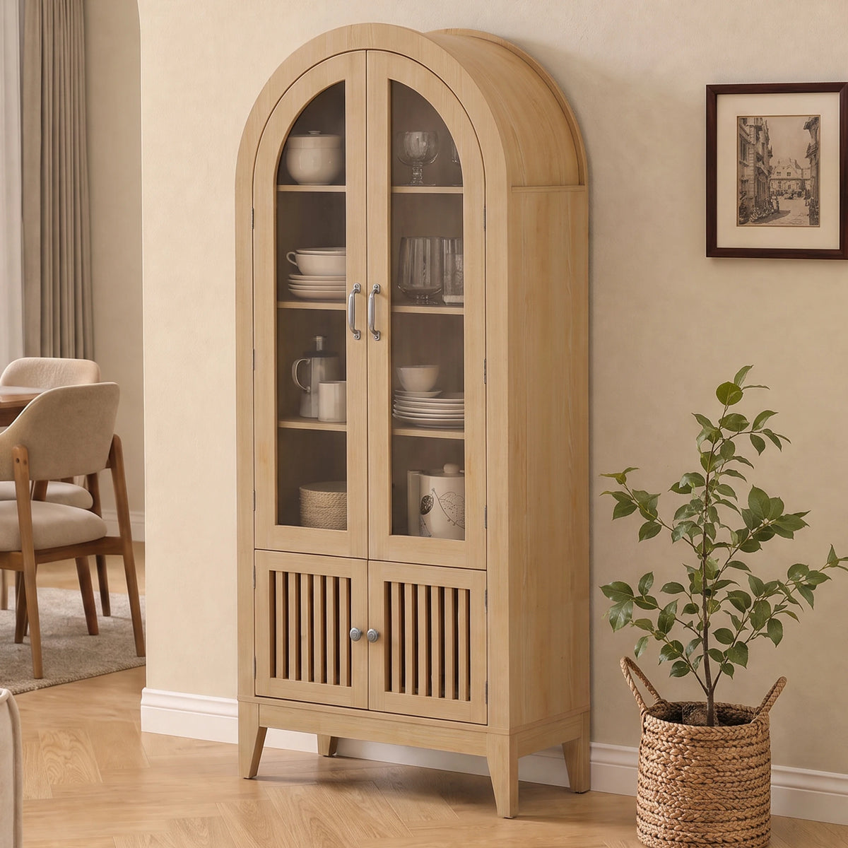 TCGBKAF Arched Kitchen Pantry Cabinet With Glass Door And Shelves