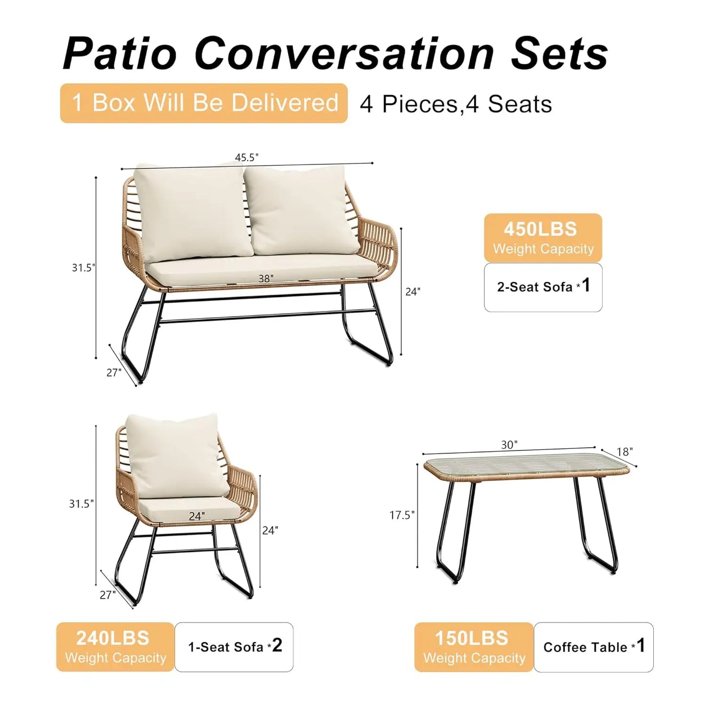 Outdoor 4 Piece Furniture Set Cushions And Tempered Glass Table