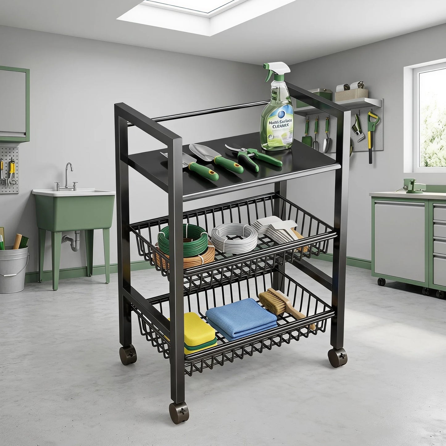 3-Tier Rolling Storage Cart with 2 Pull Out Mesh Baskets Carbon Steel Heavy Duty Utility Shelf for Garage Workshop Kitchen Easy Movement Fits Narrow Gaps