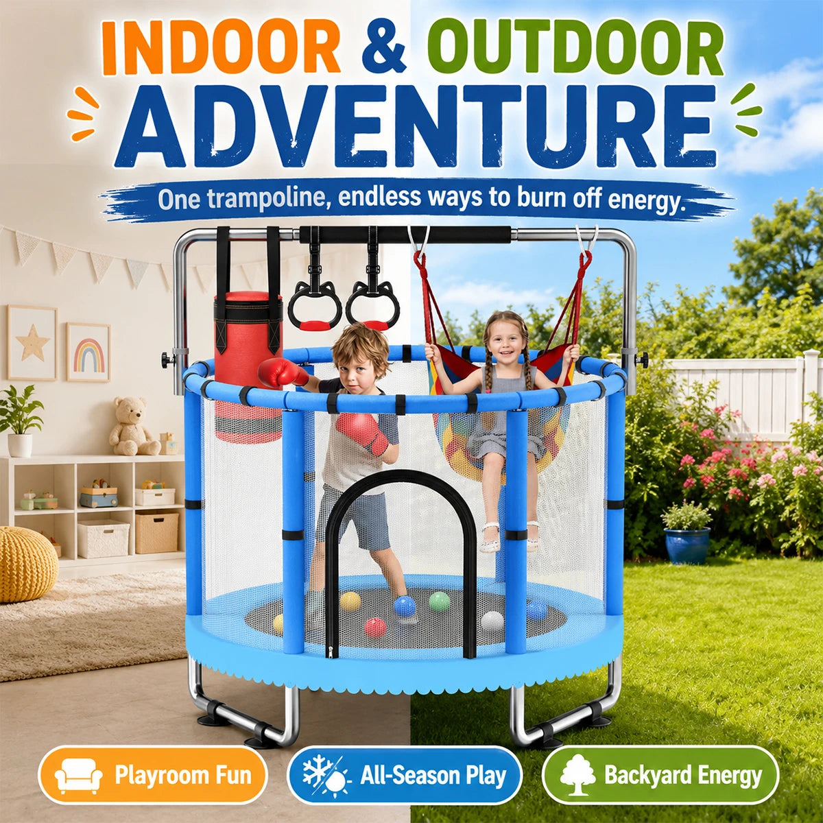Multifunctional Kids Indoor Trampoline With Safety Net And Accessories
