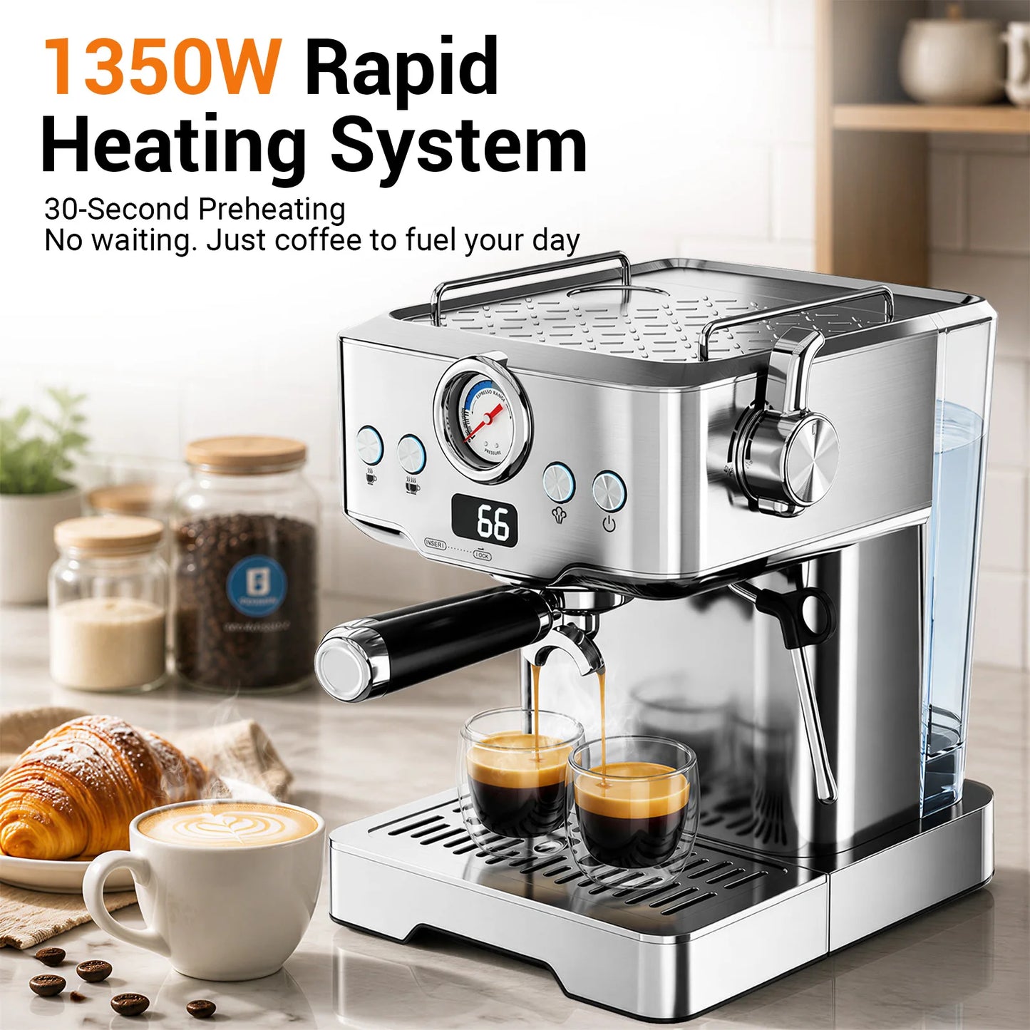 Ultra Espresso Machine, Barista Espresso Maker with Steam Wand | LCD Display, Custom Brew Temp, Latte & Cappuccino Machine, 20-Bar Pump, Powerful Steam Wand, 1.8L Removable Water Tank
