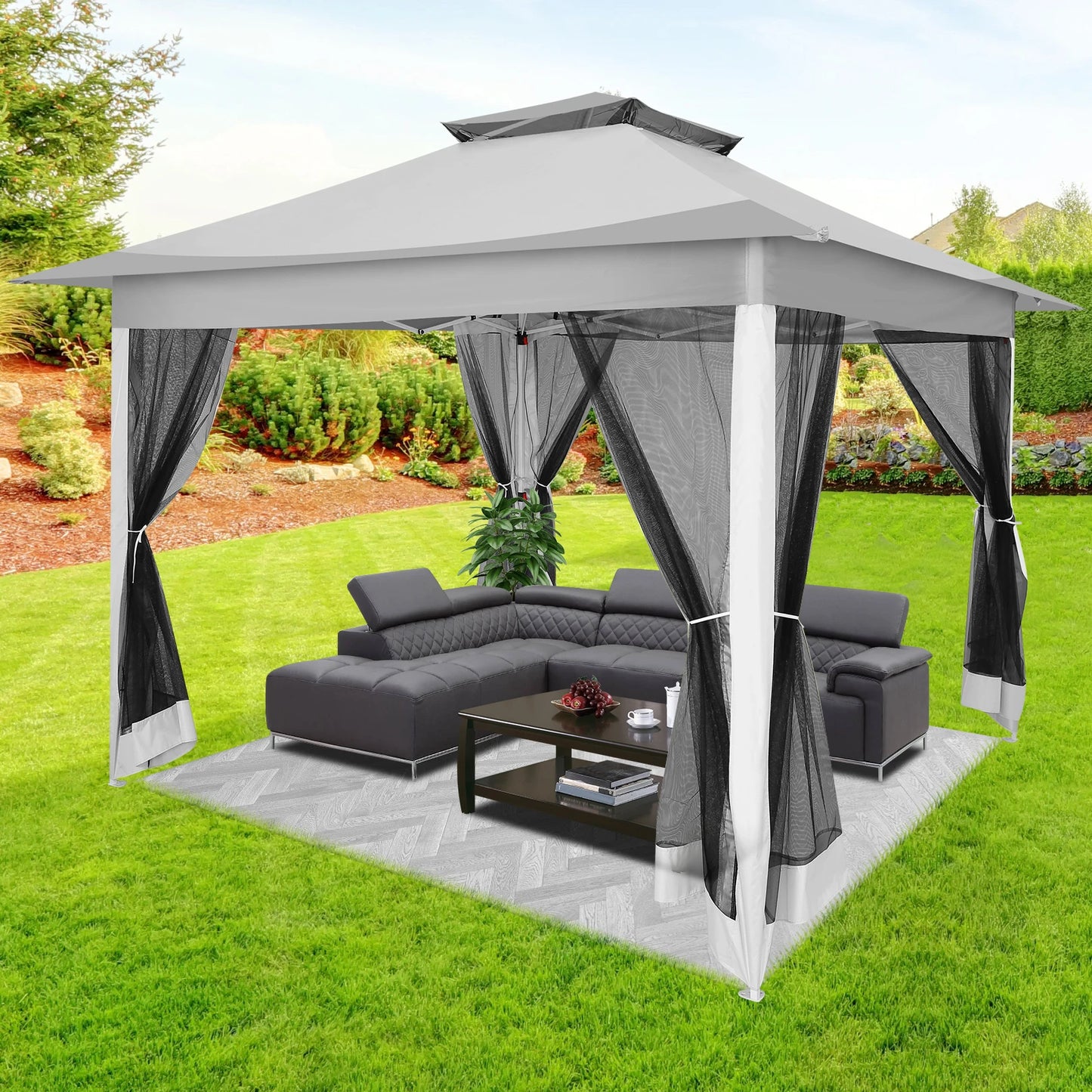 12x12ft Pop Up Gazebo Canopy Tent Easy Set Up Outdoor Portable Pavilion Sunshade Shelter With Mosquito Nettings & Sidewalls Double Vented Roof And Carry Bag For Patio Garden Lawn 3 Height Adjustable
