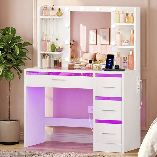 Makeup Vanity Desk with Lighted Mirror and Charging Station, Makeup Vanity with Glass Tabletop, 4 Drawers & 4 Storage Shelves, for Bedroom, White